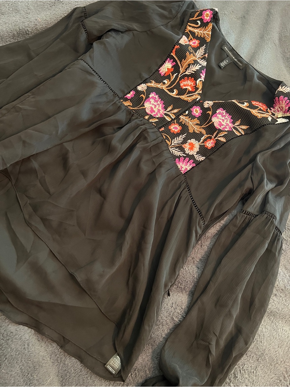 White House Black Market Black Blouse with Floral Embroidered Yoke